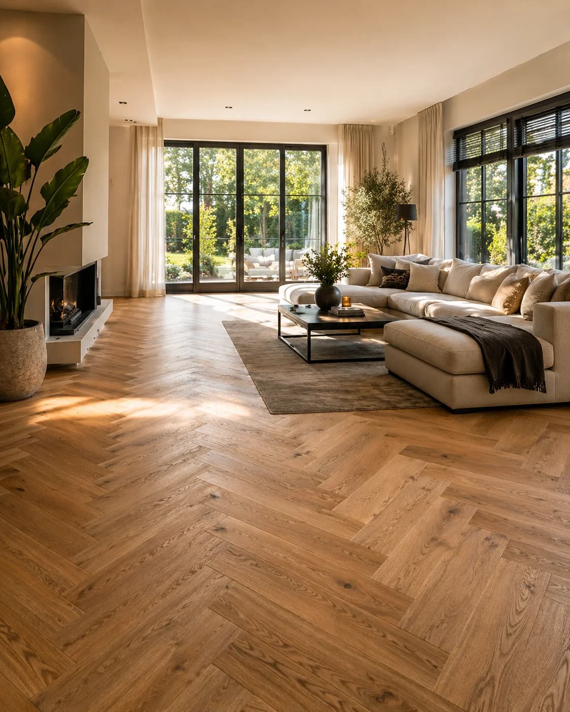 Sfeervolle woonkamer met warme eiken vloer en natuurlijk daglicht