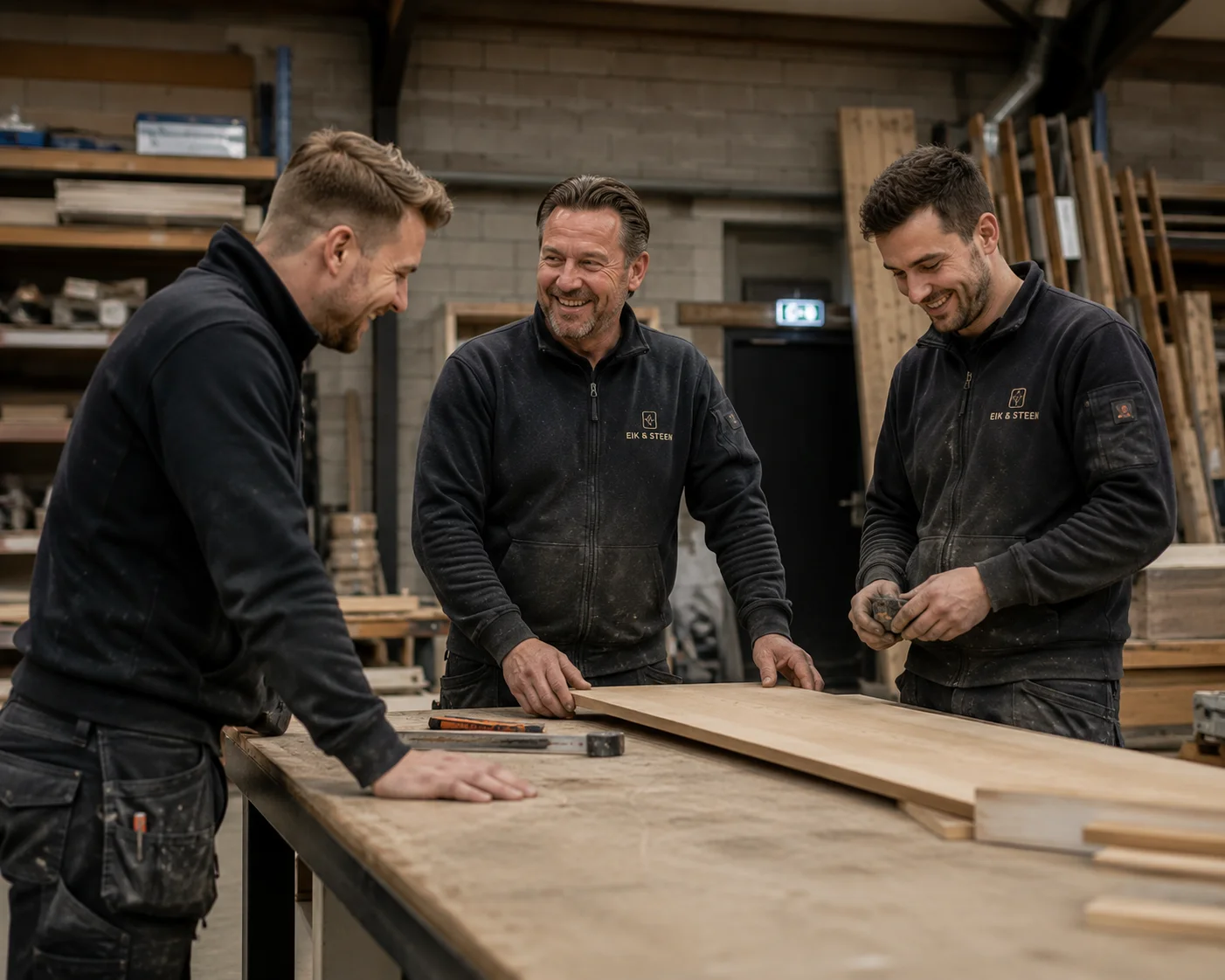Het team van Eik & Steen samen in de werkplaats
